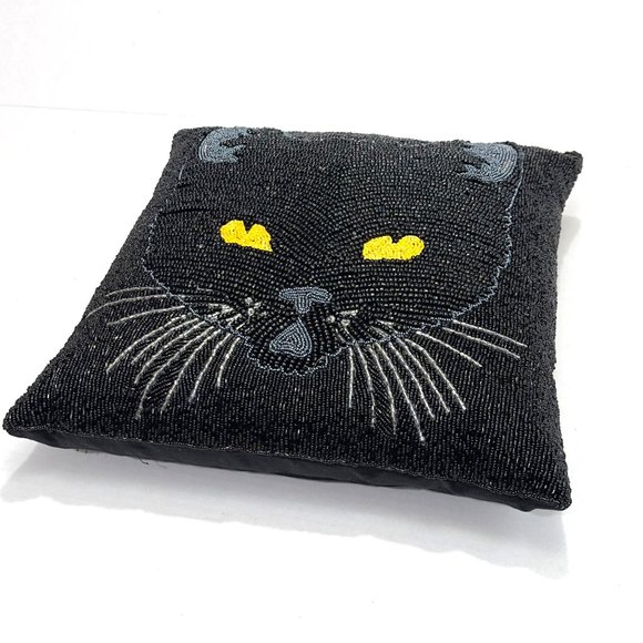 Pier 1 Spooky Black Cat Beaded Accent Throw Pillow Halloween Decor - Picture 2 of 11